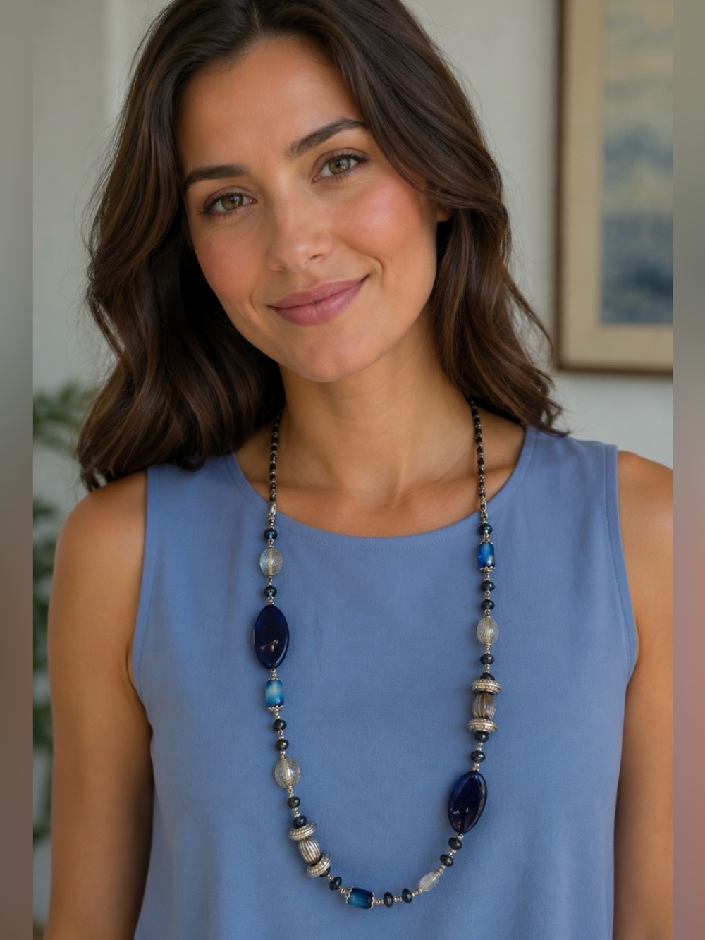 Blue & silver bead strand necklace